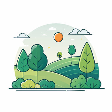 Stylized illustration of rolling green hills with trees and sun