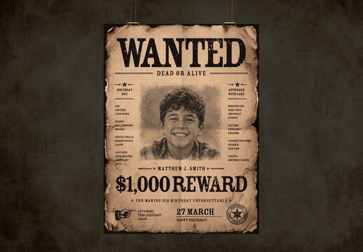 Vintage Wanted Poster Template, Old West Western Flyer & Retro Bounty Birthday Invite Layout