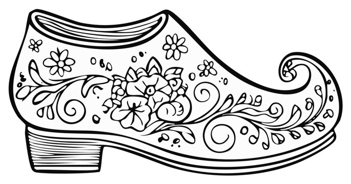 Traditional Dutch wooden shoe adorned with floral and swirling decorative patterns line art illustration