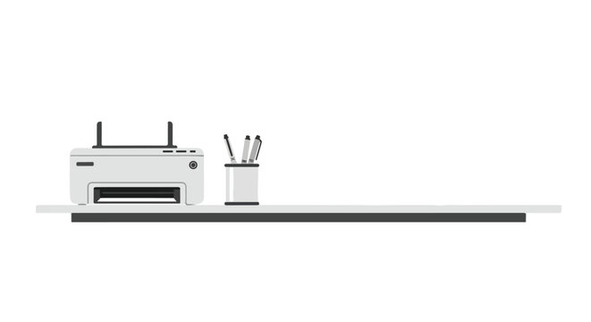 A minimalist vector illustration of a modern white printer and a pen holder sitting on a clean, grey-toned office desk surface.