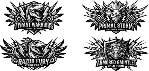 Fierce prehistoric creature emblem collection with sharp monochrome tyrannosaurus velociraptor ankylosaurus triceratops sports team branding mascots graphic © MSTSUFIA