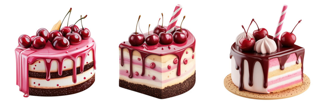Set of Three Mini Layered Cakes with Fresh Cherries and Chocolate Drip Isolated on White Background - Pink and Cream Dessert Collection

