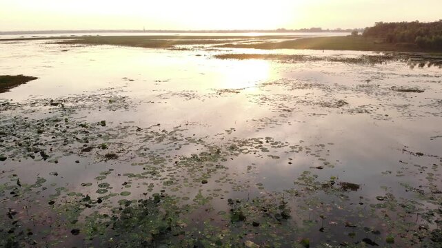 Aerial view of a serene wetland landscape with calm water and grassy areas at sunset.