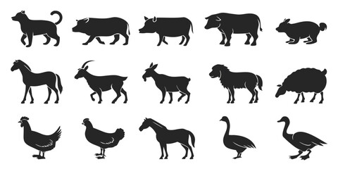 Set of black silhouette farm animal icons featuring pig goat sheep horse chicken and goose silhouette livestock domestic collection agriculture isolated wildlife creature barnyard background © rabby