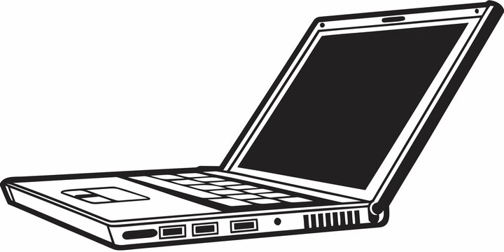 Modern laptop computer side view black and white line art illustration with computer notebook technology electronics keyboard portable business internet communication monochrome isolated