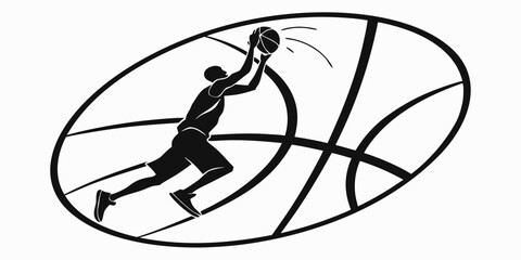 Basketball player jumping for a slam dunk action silhouette graphic with basketball silhouette competition exercise activity professional training isolated illustration stylized movement © rabby