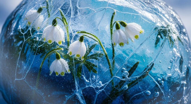 Snow-covered white flowers with icy frost in cold winter landscape, delicate frozen blooms