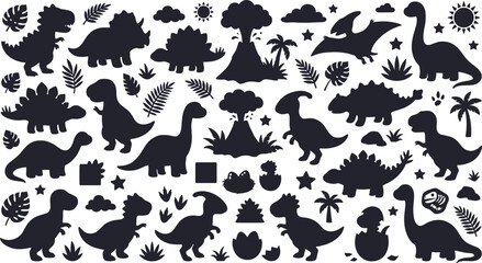 Black dinosaur silhouettes collection with cute prehistoric animals volcano shapes palm tree leaves and hatching eggs for sticker crafts © MSTSUFIA