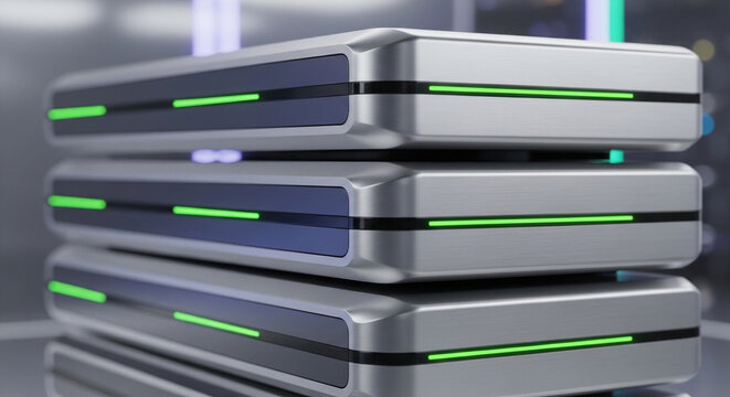 A stack of futuristic solid state batteries with metallic brushed finish and glowing green charge indicator in minimalist tech setting