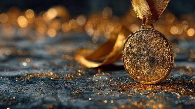 Close up of a rustic gold medal with ribbon lying on a dark textured surface with sparkling golden glitter