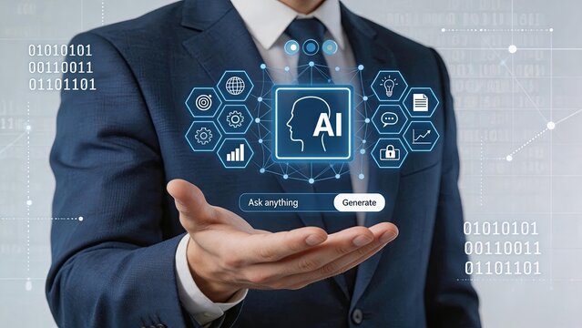 Futuristic artificial intelligence brain interface hologram, neural network technology, cognitive computing, virtual assistant generation, binary code background, advanced digital
