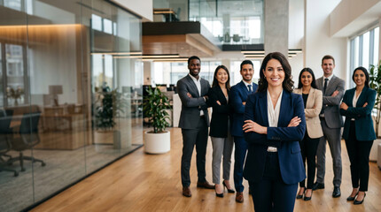Fototapeta premium Diverse real estate team standing in modern luxury property office with confident female realtor, brokers, property consultants sales executives, professional business portrait, commercial property