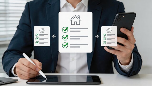 Real estate agent signing contract on tablet with checklist icons, buying selling property house mortgage agreement, legal document verification process on smartphone screen