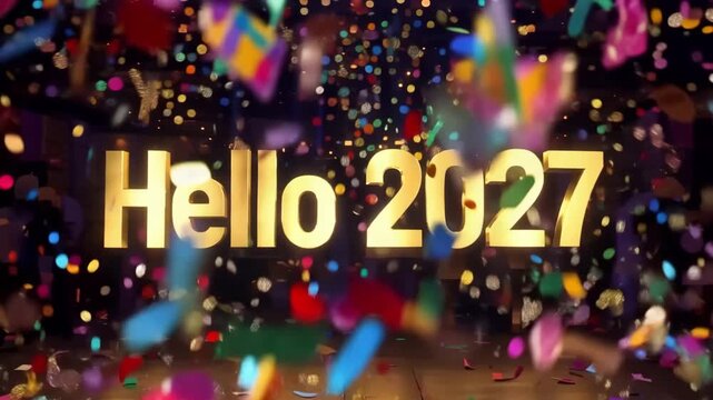 Hello 2027 golden text with falling colorful confetti