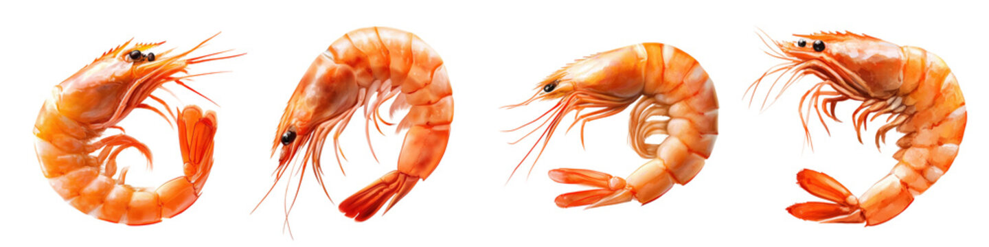 Set of Four Cooked Shrimp Isolated on White Background - Fresh Seafood Food Ingredient for Menu or Recipe
