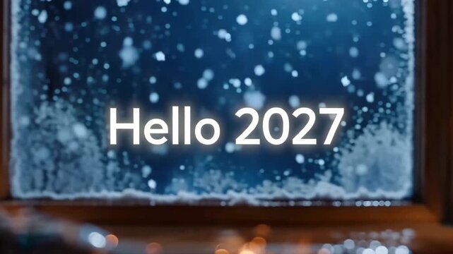Hello 2027 text overlay on a winter window with falling snowflakes and frost