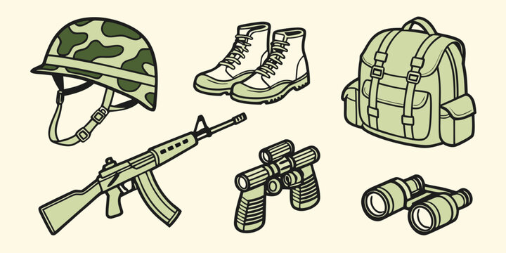 Military equipment set including helmet boots backpack rifle and binoculars with military backpack binoculars equipment camouflage tactical survival protection adventure training operation