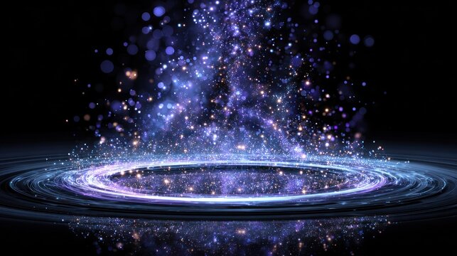 Brilliant blue and purple cosmic particles flow into a luminous energy ring on a dark surface