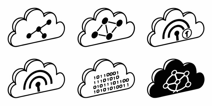 Set of isometric cloud computing icons including network data binary code and wireless signals with computing isometric technology internet connectivity wireless graphics connection interface