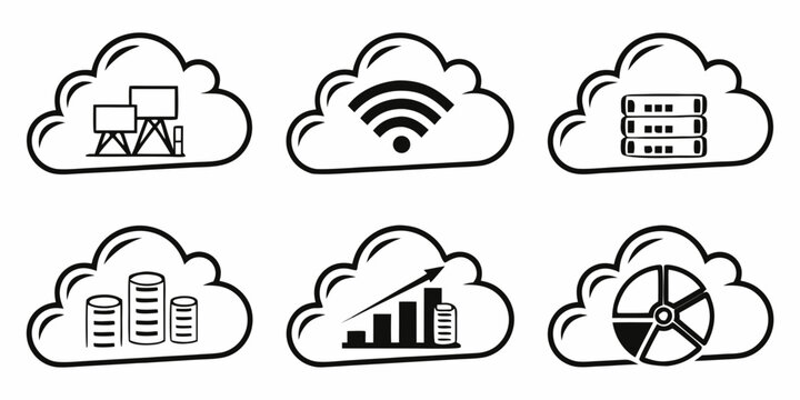 Collection of cloud computing and network infrastructure icons illustrating data storage finance and analytics technology wireless database analytics business internet communication interface