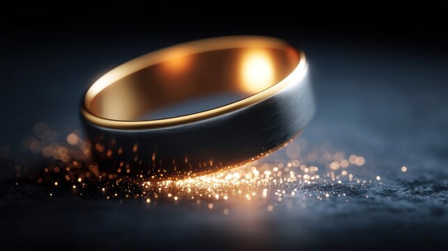 Precious bimetal circle rests upon a surface emanating brilliant golden sparkles