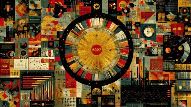 Abstract composition features a prominent circular data visualization surrounded by diverse informational graphics and numerical displays.