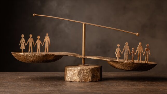 Sculptural representation depicts unequal societal weight carried by differing numbers of stylized human figures on a balance scale