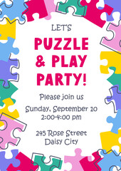 Fototapeta premium Template with jigsaw puzzle pieces for puzzle and play party, birthday invitation, flyer, autism poster. Space for text. Vector illustration.