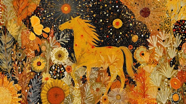Stylized golden equine creature stands amidst dense, dark floral and celestial elements