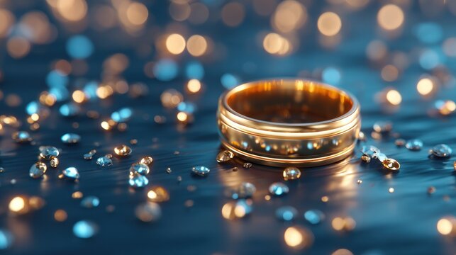 Luxurious gold band rests surrounded by sparkling gemstones under warm and cool lighting effects.