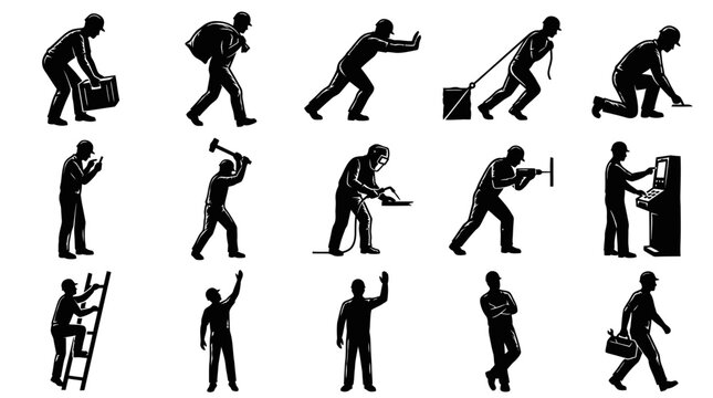 Black and White Silhouette Icons of Industrial and Construction Workers Performing Manual Labor Tasks