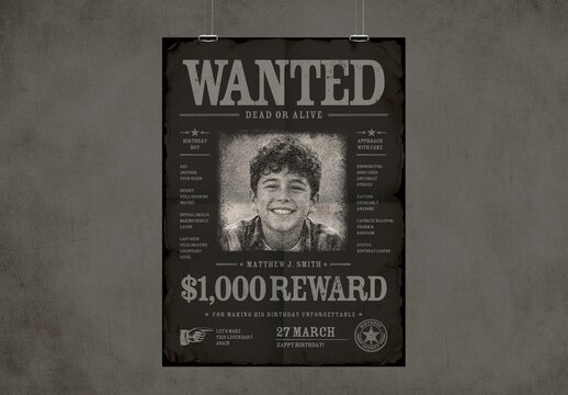 Vintage Wanted Poster Template, Old West Western Flyer & Retro Bounty Birthday Invite Layout