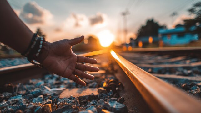 Human hand reaches out over gravel ballast alongside a sunlit metal rail at dusk