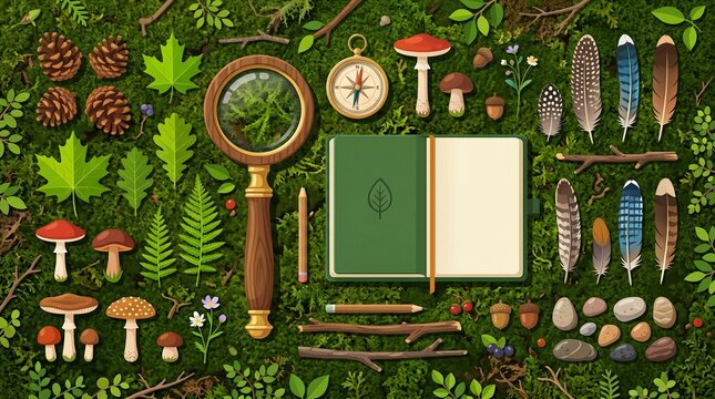 Nature scavenger hunt items on greenery background for summer camps