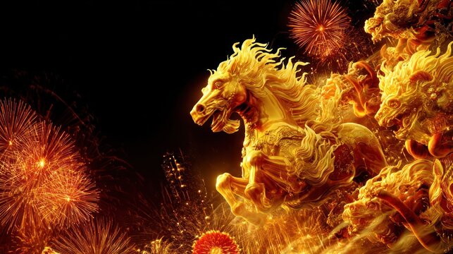 Glowing golden horse figures surge forward amidst bright nighttime explosions