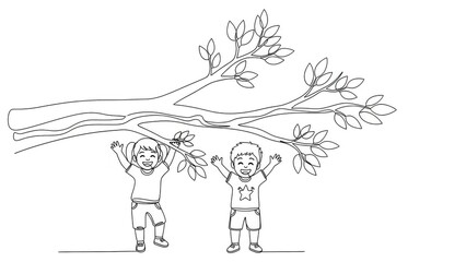 Obraz premium Two happy children playing outside hanging from a tree branch on a sunny day in a natural setting