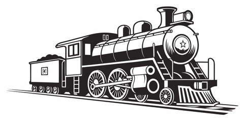 Vintage style steam locomotive train illustration on tracks with locomotive transportation railroad transport illustration monochrome isolated technology mechanical industry passenger © Maisa