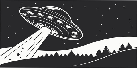 Retro style ufo flying saucer abducting forest landscape with space ship spaceship abduction illustration extraterrestrial spacecraft monochrome landscape adventure exploration mysterious © Maisa