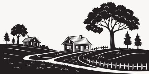 Rural village landscape with cottages and wooden fence landscape countryside illustration silhouette peaceful architecture building farmhouse pastoral vegetation © Maisa