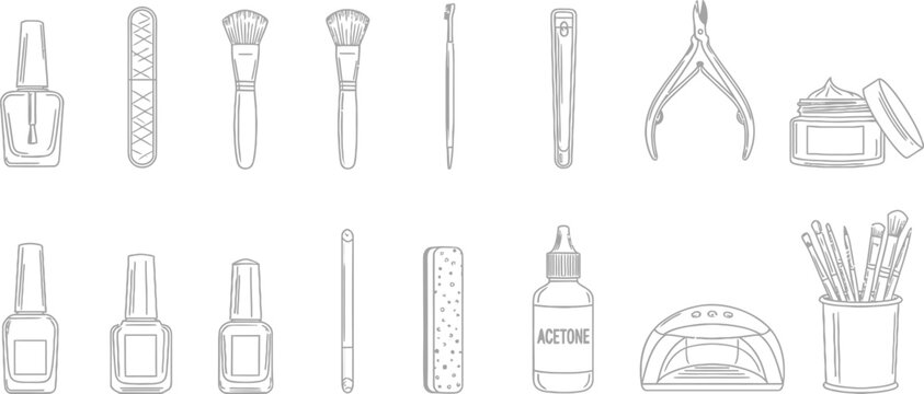 Nail Salon and Manicure Tools Line Art Icons Set Vector Illustration