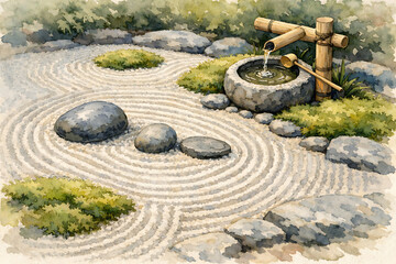 Obraz premium Watercolor painting of a japanese zen garden with raked sand stones and bamboo water fountain