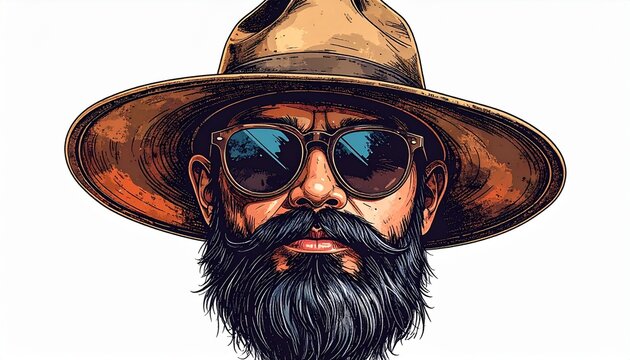 Adventure Awaits: A rugged individual sporting a wide-brimmed hat and stylish sunglasses, with a distinguished beard and mustache, embodies the spirit of exploration and adventure.