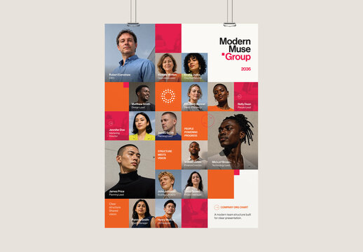 Modern Company Org Chart Poster Template, Corporate Structure & Meet The Team Infographic Layout