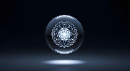Obraz premium Futuristic transparent sphere holding a complex glowing digital network, symbolizing advanced artificial intelligence, global data connectivity, and cutting-edge technology design