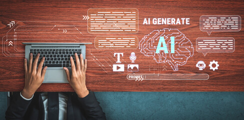 Hands Typing on Laptop with AI Generation Concepts and Digital Elements on Wooden Desk for Creative and Innovative Technology Themes Haptic. © InfiniteFlow