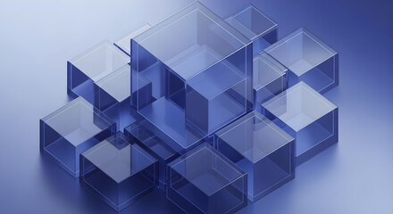 Obraz premium A cluster of transparent blue glass cubes stacked haphazardly on a reflective surface