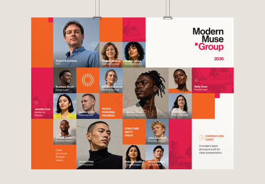 Modern Company Org Chart Poster Template, Corporate Structure & Meet The Team Infographic Layout
