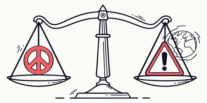 Conceptual drawing of scales balancing world peace and environmental hazard warning sign with triangle environment judgment comparison illustration imbalance weighing fairness morality