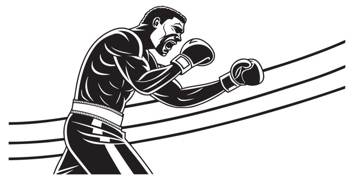Professional male boxer throwing a punch in a ring graphic with fighting competition strength aggression training exercise physical muscular professional illustration minimalist isolated