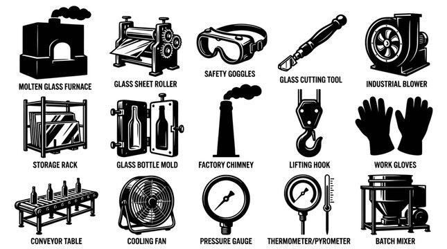 Glass Manufacturing Equipment Set: Furnace, Roller, Tools, Safety, Industry Icons